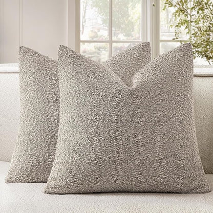 Woaboy Pack of 2 20x20 Inch Decorative Boucle Throw Pillow Covers Textured Square Pillowcaes Accent Solid Cozy Soft Cushion Covers Home Decor for Sofa Couch Living Room Home Decor,Light Taupe