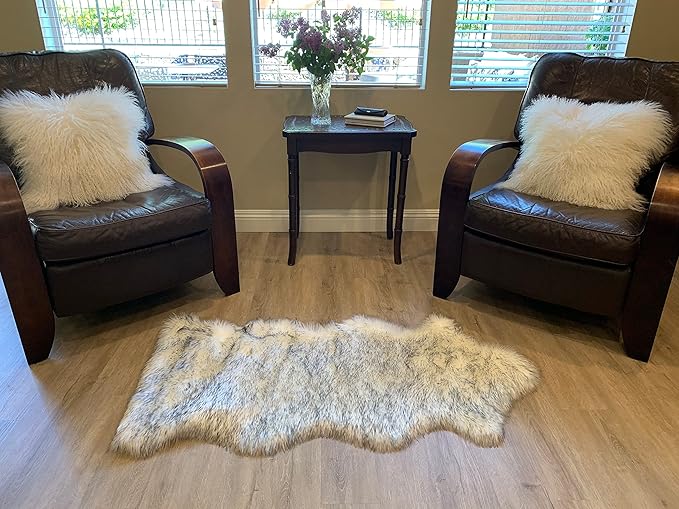 LAMBZY Faux Sheepskin Super Soft Hypoallergenic Silky Shag Rug for Living Room, Kids Room, Sofa (Single and a Half 2'x4'6", White/Black Tips)