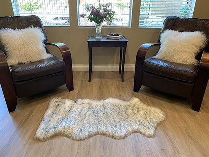 LAMBZY Faux Sheepskin Super Soft Hypoallergenic Silky Shag Rug for Living Room, Kids Room, Sofa (Single and a Half 2'x4'6", White/Black Tips)