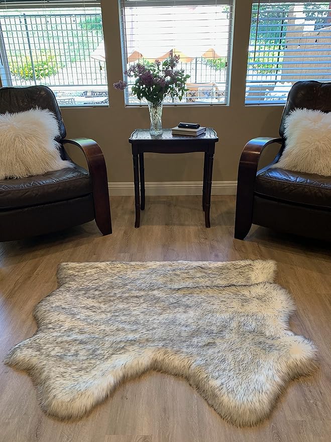 LAMBZY Faux Sheepskin Super Soft Hypoallergenic Silky Shag Rug for Living Room, Kids Room, Sofa (Double Side by Side 3'x4, White/Black Tips)