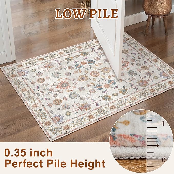 Tangsoo Washable Area Rug, 8x10 Pottery Barn Neutral Floral Large Rugs for Bedroom Living Room, Vintage Boho Non Slip Low Pile Beige Carpet for Farmhouse Nursery Office Laundry, Pet & Child Friendly