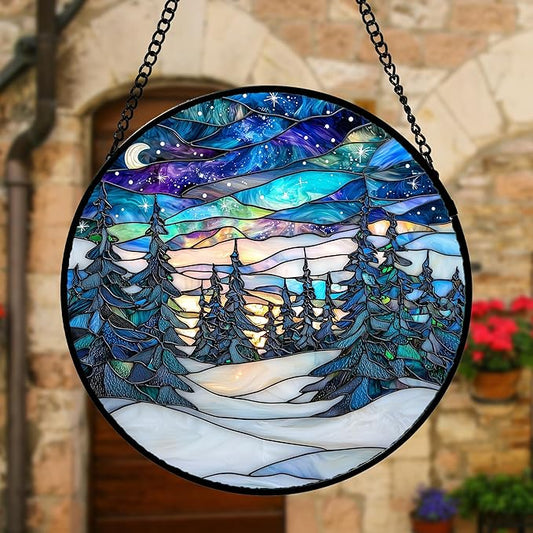 DASTOLL Stained Glass Window Hanging, Starry Sky Trees and Snow Sun Catchers Glass Panel Blue Suncatcher Decor for Birthday for Women, Men, Wife, Aunt, and Mom 11.8x11.8 in