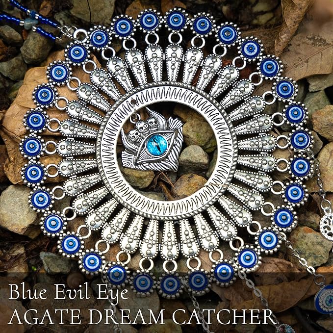 Evil Eye Dream Catcher, Handmade Blue Agate Stone Catcher with Crystals, Protective Bohemian Wall Hanging Decor for Bedroom, Window, Garden - Unique Housewarming Gift for Friends and Family