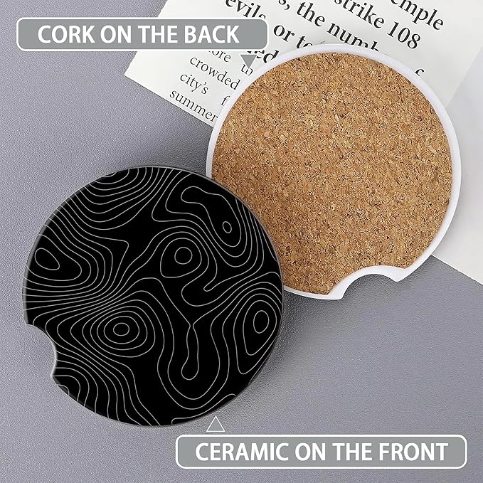 Car Coasters Topographic Cup Holder,Black Contour Map Cute Coasters,2 Pack Anti Slip Ceramic Car Cup Holder Accessories with Finger Notch for Women Men 2.56"