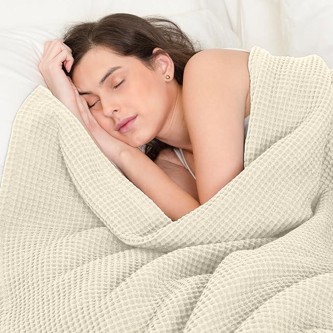 100% Cotton Waffle Blankets for Bed - Throw (50" x 60") Lightweight, Breathable and Soft, Waffle Weave Blanket for All-Season - Summer, Spring, Winter (Beige)
