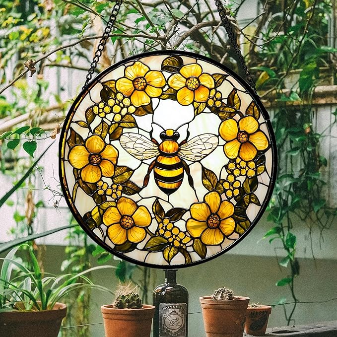 Stained Glass Window Hanging - Yellow Flowers Surrounded by Bees Sun Catcher for Door Garden Home Decor Cute Suncatcher Christmas Mother's Day Birthday Gifts for Women Men Mom Nana 7.8 in