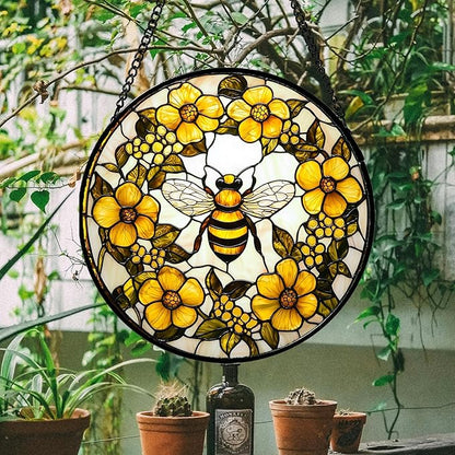 Stained Glass Window Hanging - Yellow Flowers Surrounded by Bees Sun Catcher for Door Garden Home Decor Cute Suncatcher Christmas Mother's Day Birthday Gifts for Women Men Mom Nana 11.8 in