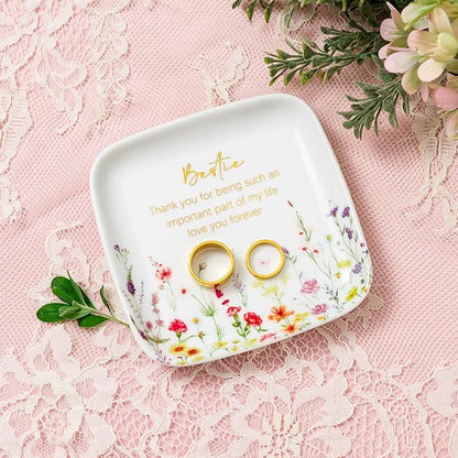 Crisky Jewelry Ring Dish for Bestie Birthday Gifts for Best Friend Women Friendship, Gifts for Friends Besties Floral Trinket Ring Dish Jewelry Tray for Her Sisters Long Distance Graduation Gift Ideas