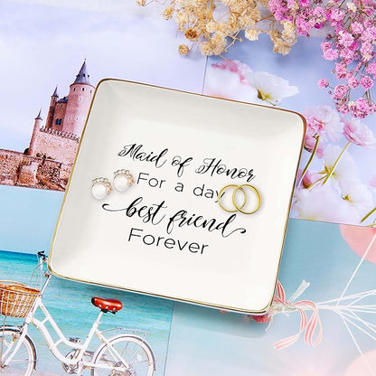 Maid of Honor Proposal Gifts from Bride-Wedding Presents for Sister Best Friends-Maid of Honor for a Day Best Friend Forever-Hen Night Bachelorette Party Gift-Jewelry Tray Trinket Holder Ring Dish