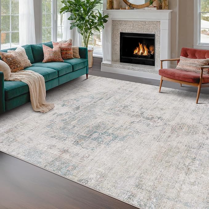 Washable 6x9 Bedroom Rug - Blue Grey Modern Rug for Living Room, Dining Room Table, Non Slip Soft Faded Print Mat