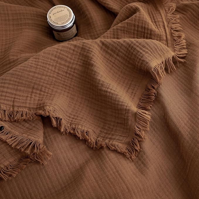 FOSSA Muslin Blanket with Fringe - 4-Layer 100% Cotton Gauze Super Soft & Breathable Throw -Lightweight Decorative Cooling Blanket for Bed, Sofa, Office (Dark Orange, Queen (90" × 90"))