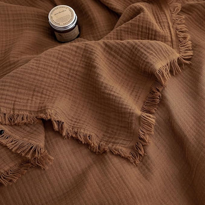 FOSSA Muslin Blanket with Fringe - 4-Layer 100% Cotton Gauze Super Soft & Breathable Throw -Lightweight Decorative Cooling Blanket for Bed, Sofa, Office (Dark Orange, Queen (90" × 90"))