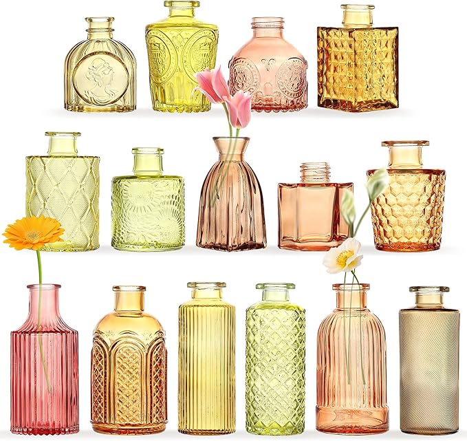15 Pcs Colored Bud Vase Set,Vintage Glass Vases for Flower Centerpieces Wedding & Party Decor,Home Table Decorations,Bud Vases in Bulk for Housewarming