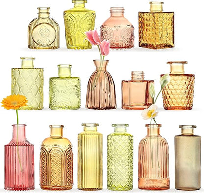 15 Pcs Colored Bud Vase Set,Vintage Glass Vases for Flower Centerpieces Wedding & Party Decor,Home Table Decorations,Bud Vases in Bulk for Housewarming