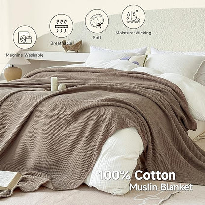 Simple&Opulence 100% Cotton Muslin Blanket, Lightweight Breathable 4 Layering Soft Cotton Throw Blanket,Gauze Blanket for Bed Couch Camping All-Season Use (Coffee, 50"x60")