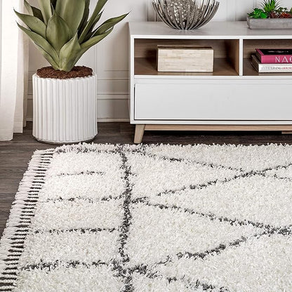 JONATHAN Y Mercer Shag Plush Tassel Ivory/Gray Indoor Area Rug, 4x6, Moroccan Geometric Trellis, Easy-Cleaning for Living Room, Bedroom, Kitchen, Pet Friendly, Non-Shedding (MCR101B-4)