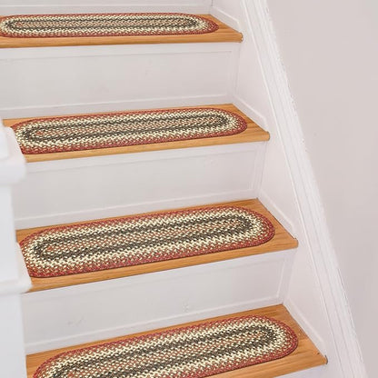 Homespice Chester Jute Braided Staircase Step Treads, Country Lodge Decor, Set of 13, Red 8x28 Oval Rug for Stairs - Easy to Clean, Tightly Stitched and Durable
