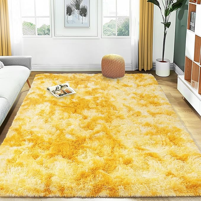 Ultra Fluffy Area Rugs for Living Room Bedroom, 6x9 Fuzzy Large Living Room Rugs, Thick Shag Rug for Dorm, Soft Non Slip Kids Girls Boys Rug for Home Decor Aesthetic, Tie-Dyed Yellow