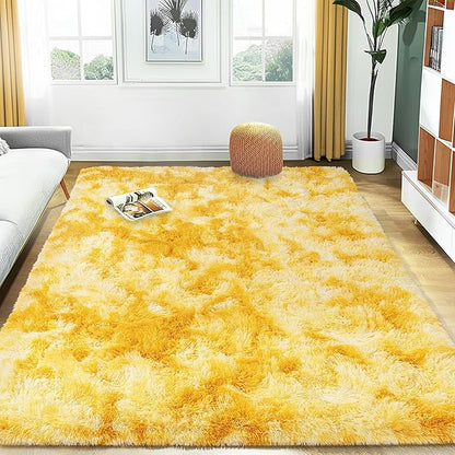 Ultra Fluffy Area Rugs for Living Room Bedroom, 6x9 Fuzzy Large Living Room Rugs, Thick Shag Rug for Dorm, Soft Non Slip Kids Girls Boys Rug for Home Decor Aesthetic, Tie-Dyed Yellow