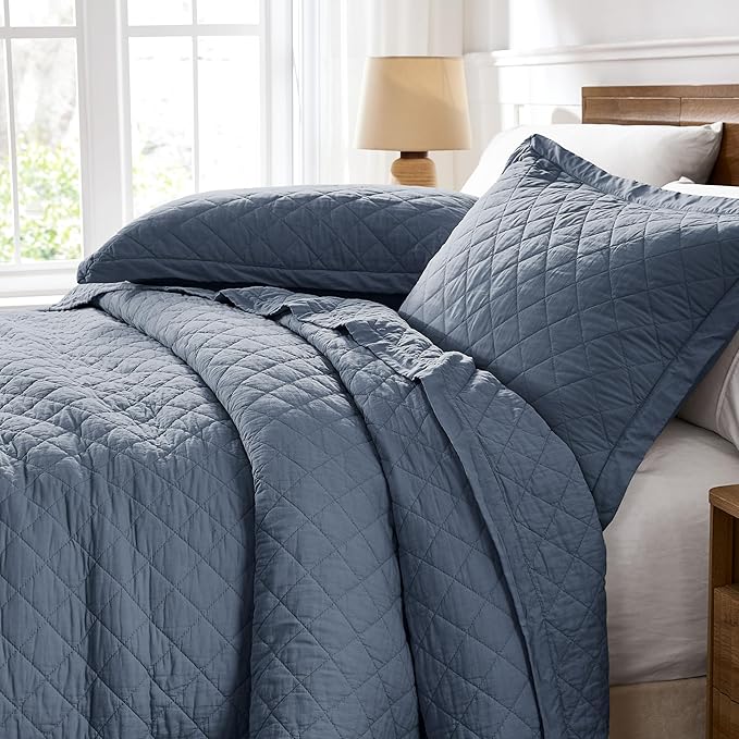 WDCOZY 100% Pre-Washed Cotton Queen Size Quilt Set - Dusty Blue Ruffle Box Soft Lightweight Bedspread, Textured Like Linen, Farmhouse Country Rustic Coverlet, Shabby Chic Gauze Bedding, 3 Pieces