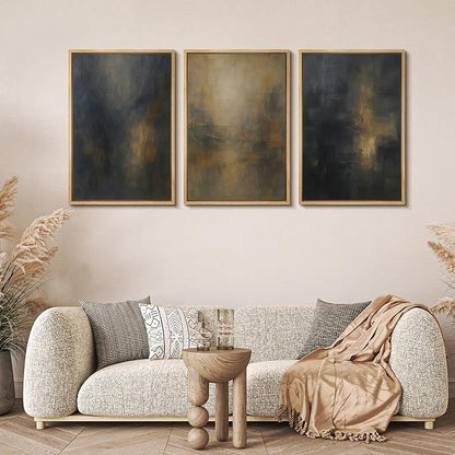MUDECOR Framed Wall Art Print Set Dark Abstract Modern Contemporary in Navy Blue and Gold Brushstrokes Illustrations Modern Art Decorative for Living Room, Bedroom, Office - 24"x36"x3 Natural