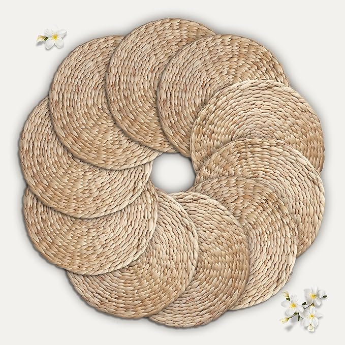 Natural Round Placemats Set of 10, 12 inch Woven Placemats, Herringbone Pattern, Table Mats Braided Heat Proof, Farmhouse Boho Table Place Mat Ourdoor Wicker Chargers for Dinner Plates