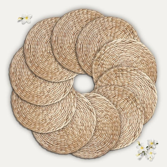 Natural Round Placemats Set of 10, 12 inch Woven Placemats, Herringbone Pattern, Table Mats Braided Heat Proof, Farmhouse Boho Table Place Mat Ourdoor Wicker Chargers for Dinner Plates