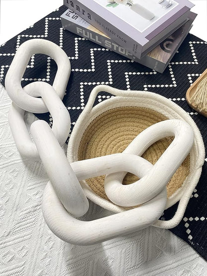 Wood Chain Link Decor - 18.9 Inch Length, 5-Link Boho Decor for Living Room, Farmhouse, Coffee Table (White)