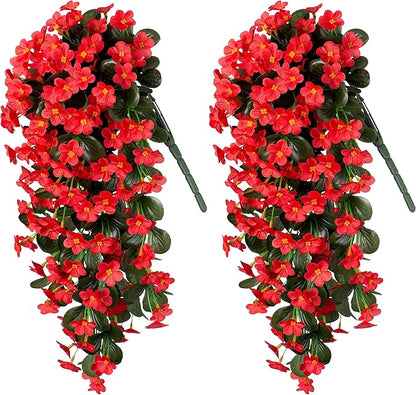 HyeFlora Artificial Fake Hanging Plants Flowers for Outdoor Outside Winter Christmas Decoration, 2 PCS Faux Silk Daisy Mums Red Orchid Vines UV Resistant Realistic for Home Indoor Porch Patio Balcony