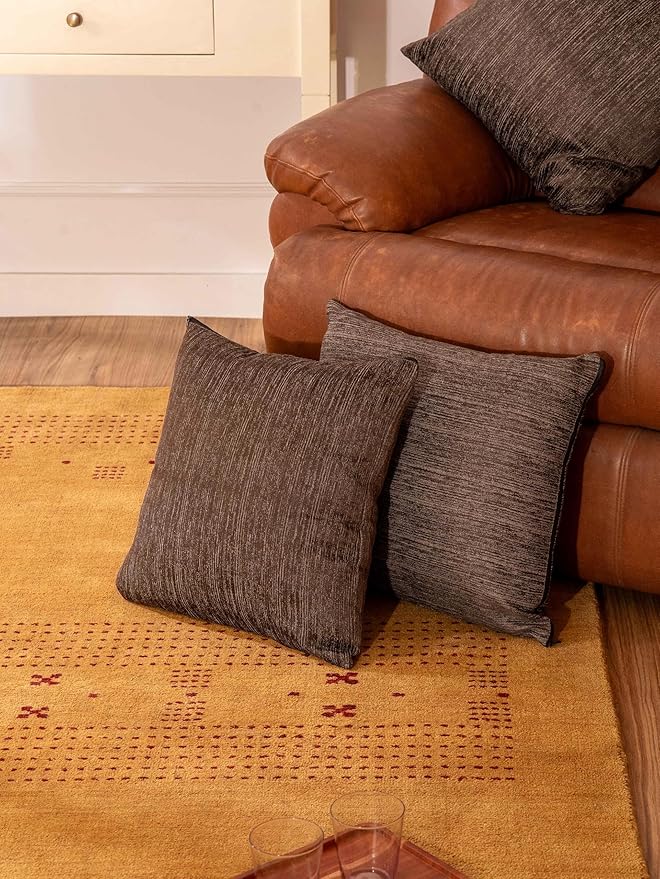 Decorative Cushion Covers, 360 GSM Poly Cotton Jacquard Fabric, Plain Solid Textured, Dark Brown, 22" x 22", Handmade, Eco-Friendly, Pack of 2