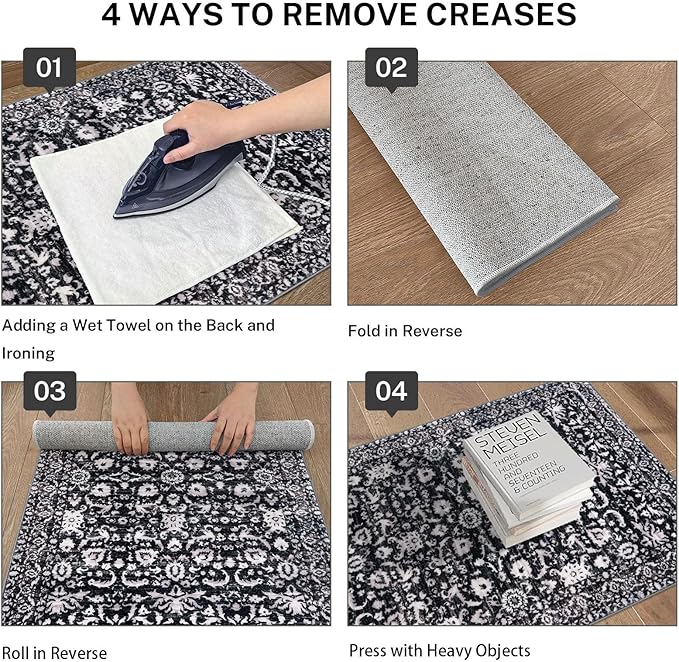 Vintage Floral 2x6 Runner Rug, Black and White Washable Kitchen Runner Rug Non-Slip Hallway Rug Runner Boho Thin Printed Faux Wool Super Soft Carpet for Entryway Bedroom Laundry Room Indoor