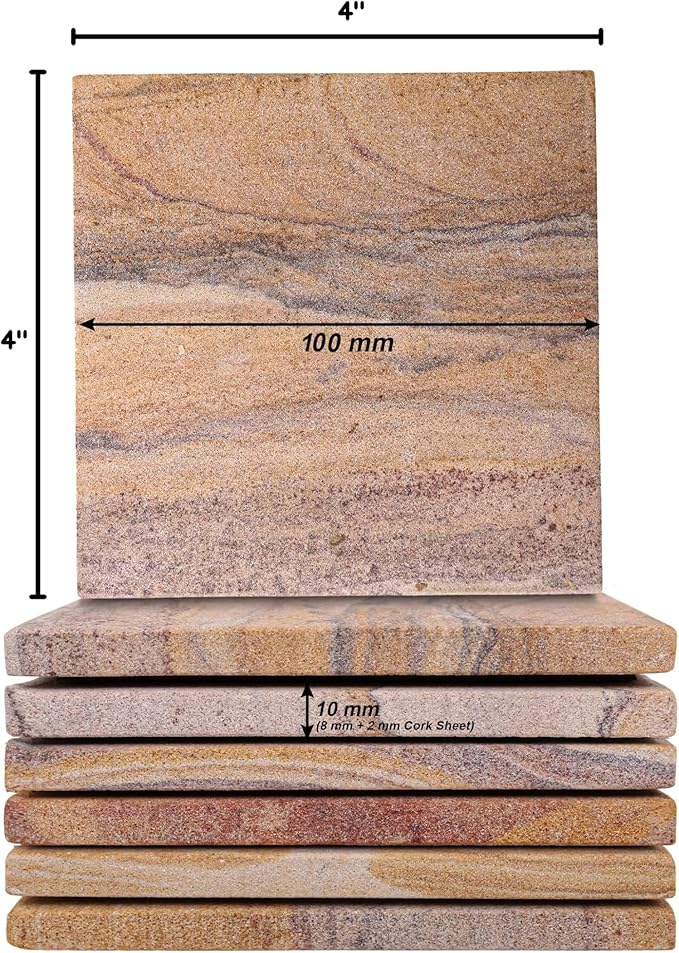 Sandstone Water Absorbent Hand Crafted Square Coasters for Drinks - 4 Inches Wide Thirsty Stone Bar/Drink Coasters- Made from Rainbow Sandstone (Set of 4 with Holder)