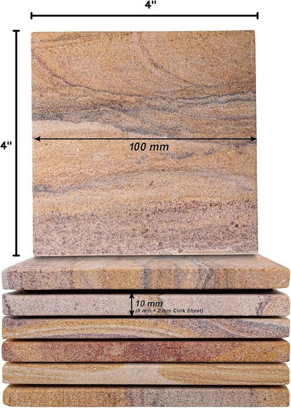 Sandstone Water Absorbent Hand Crafted Square Coasters for Drinks - 4 Inches Wide Thirsty Stone Bar/Drink Coasters- Made from Rainbow Sandstone (Set of 4 Without Holder)