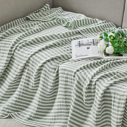 EMME Cotton Muslin Queen Blanket Bed Layering Bedspread Coverlet Breathable Gauze Soft Lightweight Adults (Striped Sage Green, 90"x90")