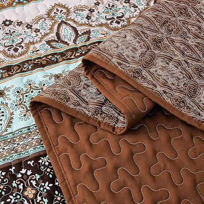 WONGS BEDDING Boho Fall Quilt Set Twin, Brown Bohemian Quilt Bedding Set, Ultra Soft Lightweight Bedspread for All Season Reversible Microfiber Coverlet Bedding Set 68"x86"(3 Pieces)