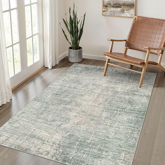4x6 Rug Washable Area Rugs: Neutral Abstract Soft Modern Stain Resistant Small Indoor Floor Non-Slip Low Pile Throw Carpet for Entryway Kitchen Bedroom Nursery Kids Office Playroom Home House- Green