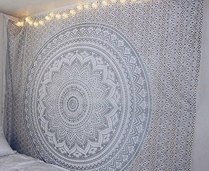 raajsee Metallic Silver Tapestry Grey Mandala Wall Hangings, Indian cotton Beach Throw Blanket, Hippie Tapestries Boho Decor,Twin Bedspread 52x82 inches Yoga Mat Rugs