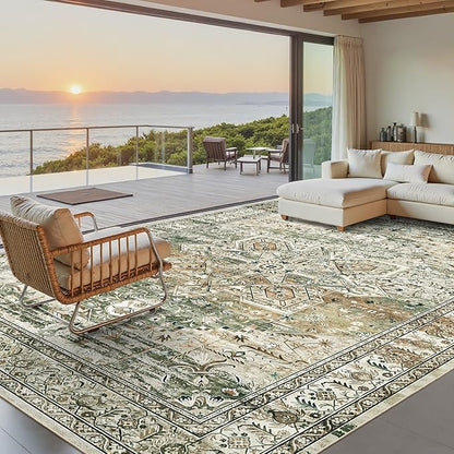 Washable Area Rug 8x10, Large Soft Rugs for Living Room Farmhouse Vintage Area Rugs for Bedroom Dining Room Non-Slip Stain Resistant Under Table Rug Olive Beige