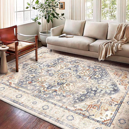 Washable Area Rug 8'x10' Blue Khaki Retro Boho Design Non-Shedding Non-Slip Easy Care Ideal for High Traffic Areas in Living Room Bedroom Office Coffee Table Kitchen Large Carpet