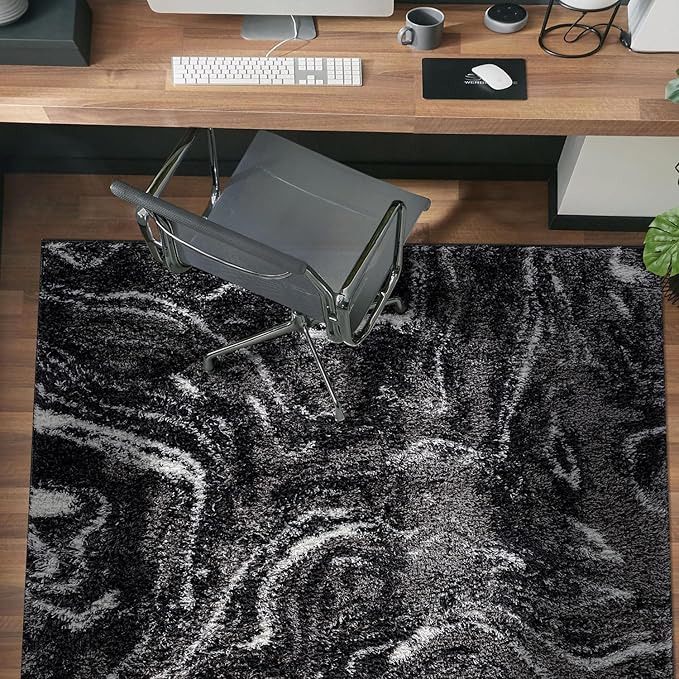 Rugshop Abstract Marble Shag Area Rug Anthracite Dark Gray 4' x 6' Ideal for Small Living Rooms, Offices, or Beside The Bed