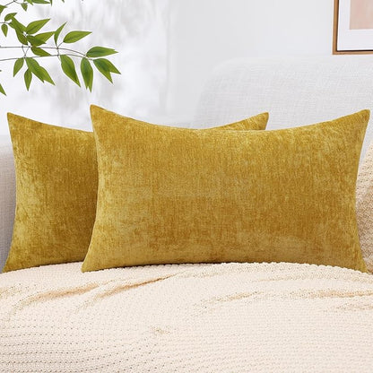 decorUhome Chenille Mineral Yellow Spring Throw Pillow Covers 12x20 Inch Set of 2, Decorative Soft Couch Pillow Covers Solid Dyed Accent Farmhouse Neutral Rectangle Pillow Cases for Sofa