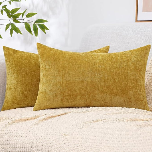 decorUhome Chenille Mineral Yellow Spring Throw Pillow Covers 12x20 Inch Set of 2, Decorative Soft Couch Pillow Covers Solid Dyed Accent Farmhouse Neutral Rectangle Pillow Cases for Sofa