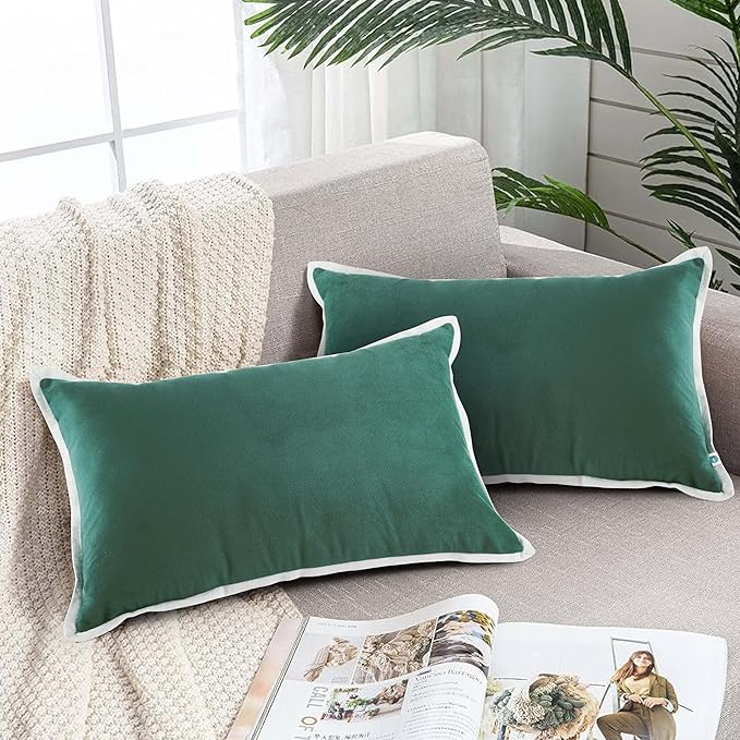 FINGERCRAFT Decorative Throw Pillow Cover Pack of 2 Soft Velvet Cushion Cover, Sofa and Bedroom Pillow Case 12" x 20" Hunter Green