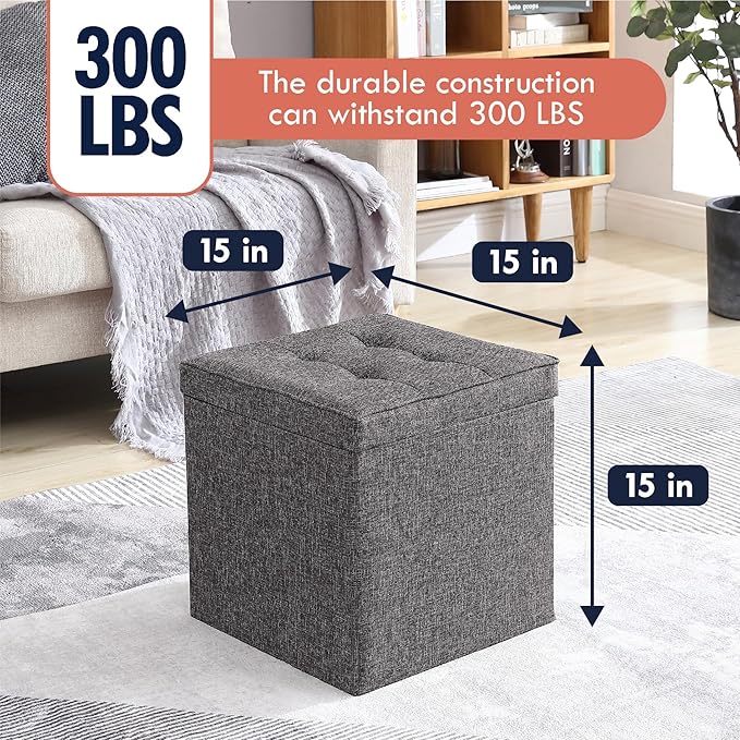 Ornavo Home Square Storage Ottoman Linen Foldable Tufted Cube Storage Ottoman Foot Rest Stool/Seat with Table Top Lid, Coffee Table Ottoman - 15" x 15" x 15" (Charcoal Gray)