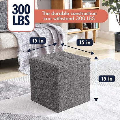 Ornavo Home Square Storage Ottoman Linen Foldable Tufted Cube Storage Ottoman Foot Rest Stool/Seat with Table Top Lid, Coffee Table Ottoman - 15" x 15" x 15" (Charcoal Gray)