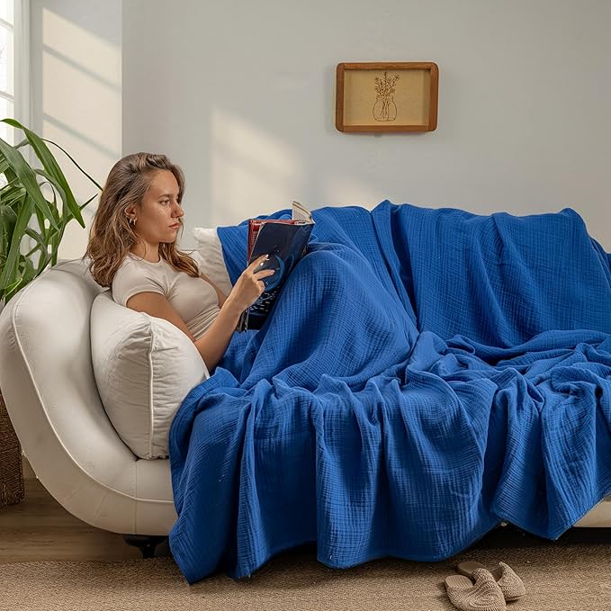 Muslin Blanket - Pure 100% Turkish Cotton Airy Soft Light Versatile Gauze Throw Blanket for Bed, Couch, Sofa (Blue, Twin XL Size (71" x 95" inch))