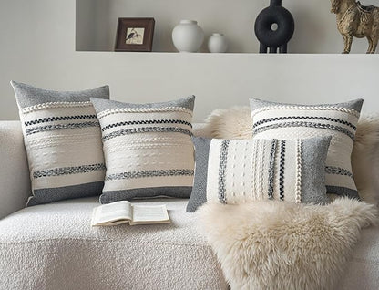 Boho Throw Pillow Covers 18x18 Inch Set of 2, Black Textured Decorative Couch Pillow Cases for Farmhouse Home Decor, Accent Cushion Cover for Sofa, Bed, Living Room, Bedroom