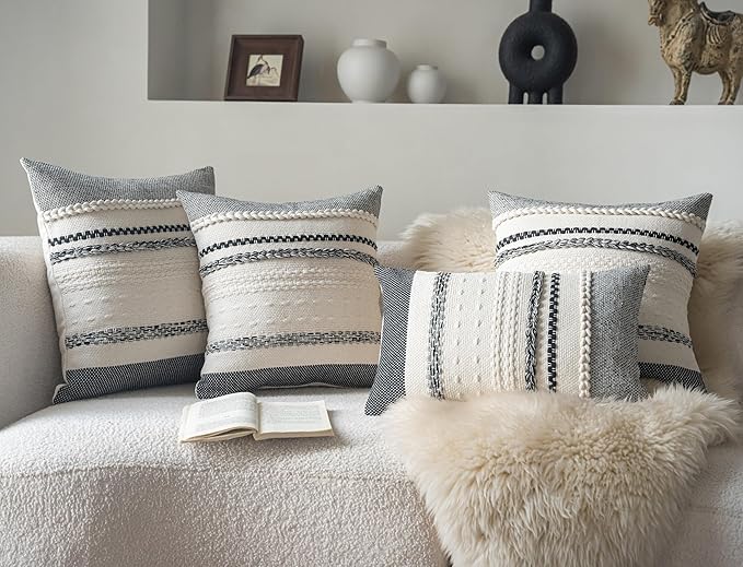 Boho Lumbar Pillow Covers 14x36 Inch Long, Black Textured Decorative Couch Pillow Cases for Farmhouse Home Decor, Accent Cushion Cover for Sofa, Bed, Living Room, Bedroom, Pack of 1