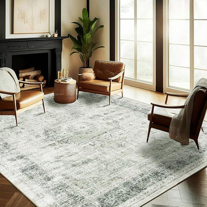 Washable Area Rug 8'x10' Floral Green Retro Boho Design Non-Shedding Non-Slip Easy Care Ideal for High Traffic Areas in Living Room Bedroom Office Coffee Table Kitchen Large Carpet