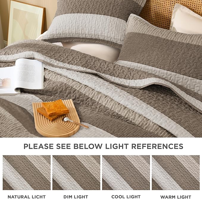 Litanika Quilt Queen Size Hazel, Stripe Patchwork Summer Bedspread Coverlet 3 Pieces, Soft Lightweight Microfiber Quilted Bedding Set for All Season(1 Quilt, 2 Pillowcases)